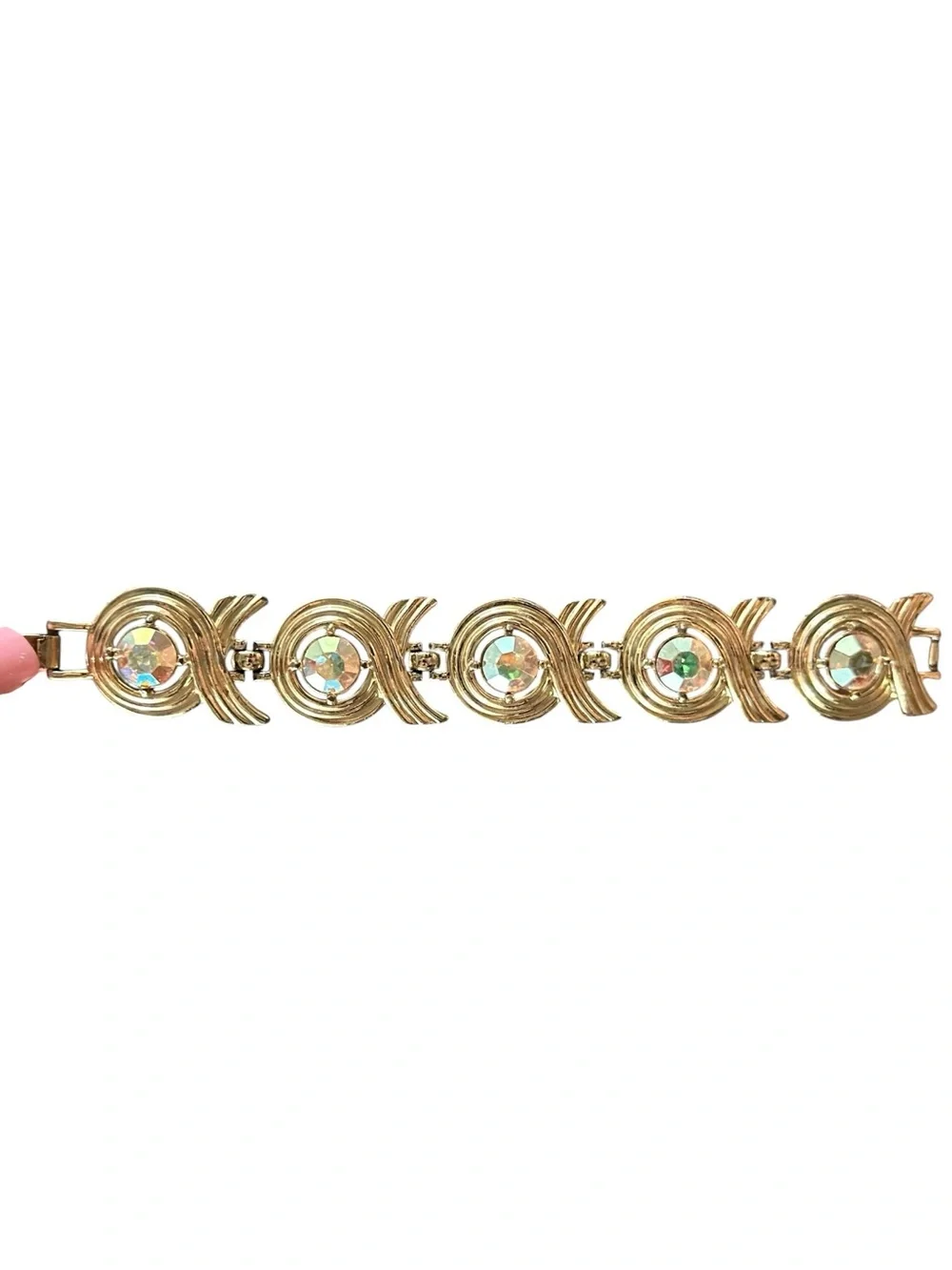 Vintage Sarah Coventry Gold Tone AB Rhinestone Swirl Link Bracelet Signed